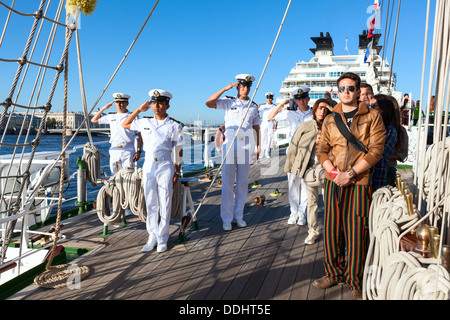 Sailors in white stand on deck of Mexican sailing ship 'Cvavatemoc' on July 26, 2013 in Saint-Petersburg, Russia. ARM Cuauhtemoc Stock Photo