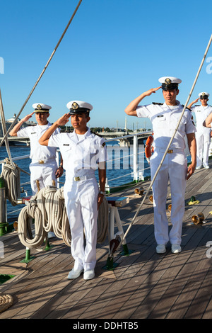 Sailors stand on deck of Mexican sailing ship 'Cvavatemoc' on July 26, 2013 in Saint-Petersburg, Russia. ARM Cuauhtemoc Stock Photo