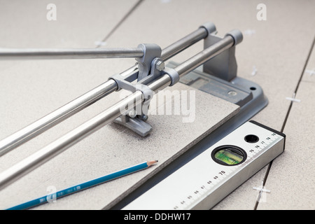 Instruments for tile marking when cutting with tilecutter Stock Photo