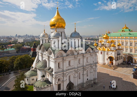 View from the bell tower. Archangel and Annunciation cathedrals, Grand Kremlin Palace, Cathedral Square of the Moscow Kremlin. Stock Photo