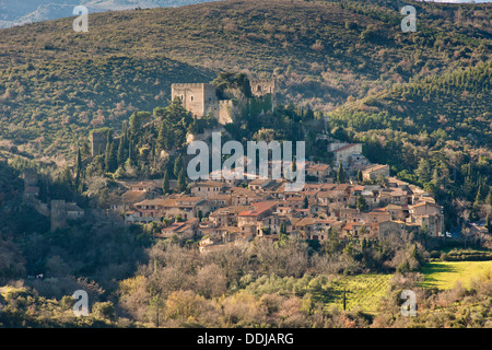 View over Castelnou village, Pyrénées-Orientales, Languedoc-Roussillon , France Stock Photo