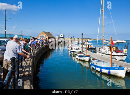 Holidaymakers fishing for crabs or crabbing in the harbour at Wells next the sea North Norfolk coast England UK GB EU Europe Stock Photo