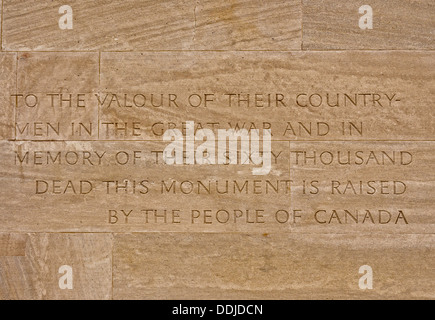 Section of a name plate showing names of soldiers killed in battle of Vimy Ridge, France Stock Photo