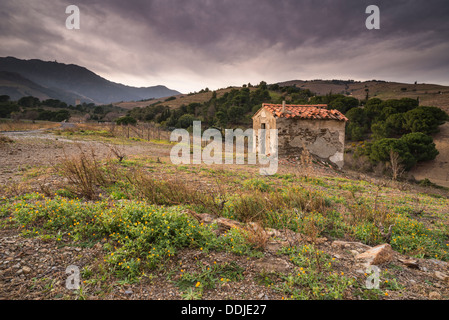 Derelict shed on a vineyard in winter, Cosprons, Pyrénées-Orientales, Languedoc-Roussillon, France Stock Photo