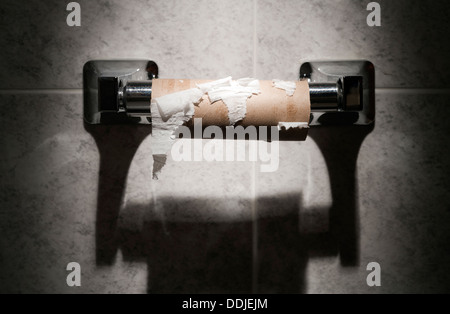 EMPTY TOILET PAPER ROLL HOLDER TOILET WALL Stock Photo