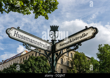 Street sign on the corner of Husemann Straße in East Berlin's Mitte district Stock Photo