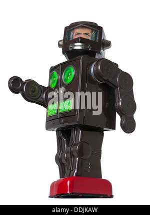 Vintage Toy Robot walking with green and red details Stock Photo