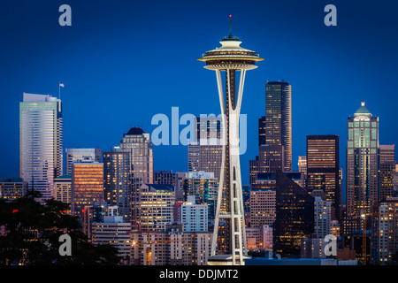 Twilight over he Space Needle and downtown Seattle Washington, USA Stock Photo