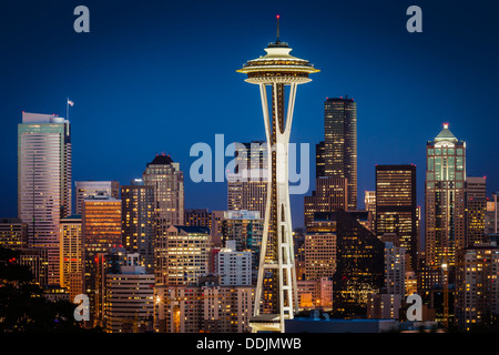Twilight over he Space Needle and downtown Seattle Washington, USA Stock Photo