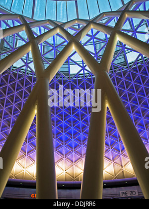 Detail of the steel lattice-work roof structure engineered by Arup, on the western concourse of King's Cross railway Station. Stock Photo