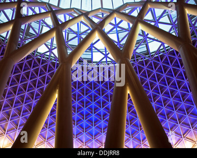 Detail of the steel lattice-work roof structure engineered by Arup, on the western concourse of King's Cross railway Station. Stock Photo