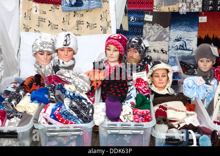 Outdoor Market stall selling hats Helsinki  (Kauppatorior main outdoor market square) finland Souvenirs Stock Photo