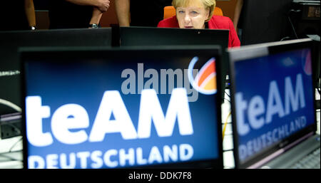 Berlin, Germany. 04th Sep, 2013. German Chancellor Angela Merkel visits her supporters in the German general election campaign of 'Team Deutschland' at the CDU headquarters in Berlin, Germany, 04 September 2013. Photo: KAY NIETFELD/dpa/Alamy Live News Stock Photo