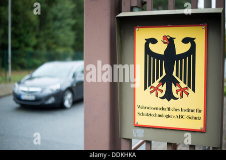 the Federal Armed Forces, Munster, Germany. 04th Sep, 2013. The driveway to the institute of military science, in german WIS, for defense technology - CBRN defense of the Federal Armed Forces, Munster, Germany, 04 September 2013. According to own indications the WIS is the only larger institute in Germany which handels the defense of biological, chemical and nuclear weapons of mass destruction. Photo: PHILIPP SCHULZE/dpa/Alamy Live News Stock Photo