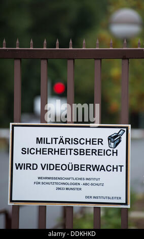 the Federal Armed Forces, Munster, Germany. 04th Sep, 2013. The driveway to the institute of military science, in german WIS, for defense technology - CBRN defense of the Federal Armed Forces, Munster, Germany, 04 September 2013. According to own indications the WIS is the only larger institute in Germany which handels the defense of biological, chemical and nuclear weapons of mass destruction. Photo: PHILIPP SCHULZE/dpa/Alamy Live News Stock Photo