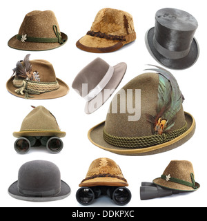 collection of oktoberfest and hunting vintage hats isolated over white background Stock Photo