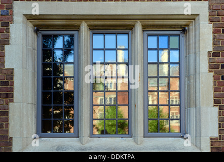 Renovated window, Calhoun Residential College, Yale University.  New double pane replacement windows designed to look old. Stock Photo