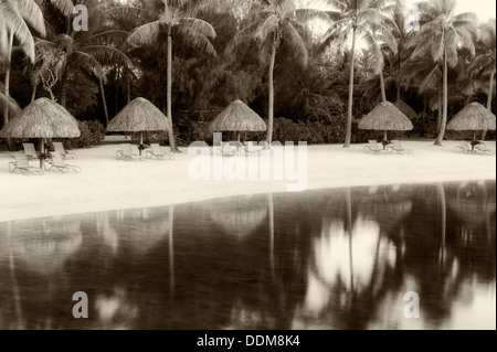 Unbrellas and chairs on lagoon beach. Bora Bora. French Polynesia. Stock Photo