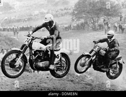Two motorcyclists taking part in Motocross at Brands Hatch, Kent. Artist: Unknown Stock Photo