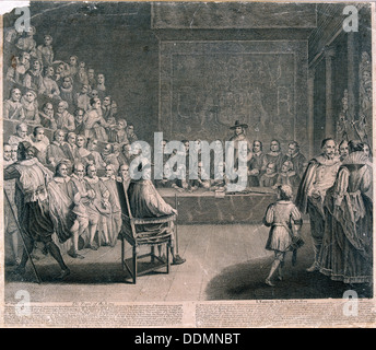 Trial of King Charles I, Palace of Westminster, c1725. Artist: Claude Dubosc Stock Photo