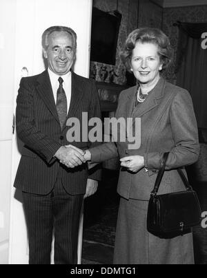 Margaret Thatcher (1925-), British Prime Minister with Shimon Peres, Israeli Prime Minister, 1987. Artist: Sidney Harris Stock Photo