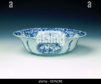 Kraak blue and white klapmuts bowl with pagoda and seascape, late Ming dynasty, China, c1610. Artist: Unknown Stock Photo