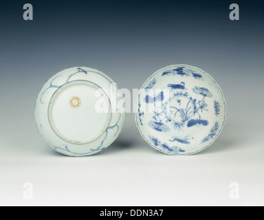 Pair of Kraak blue and white dishes with bird decoration, China, 1575-1600. Artist: Unknown Stock Photo