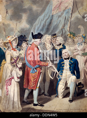 'George III presenting a Sword to Admiral Earl Howe', c1794. Artist: Isaac Cruikshank Stock Photo