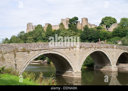 View showing Ludlow castle with Dinham bridge over the river Teme, England, UK Stock Photo