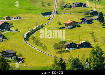 Wengernalpbahn train on slopes near Grindelwald, Switzerland Stock Photo