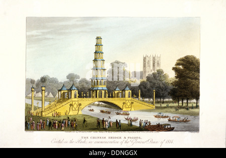 The Chinese bridge and pagoda, erected in St James's Park, London, 1814. Artist: Matthew Dubourg Stock Photo