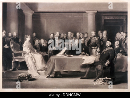 Queen Victoria presiding at the council on her accession to the throne, 1846. Artist: Charles Fox Stock Photo