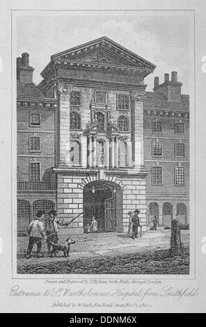 View of the entrance of St Bartholomew's Hospital from Smithfield, City of London, 1816. Artist: Thomas Higham Stock Photo