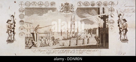 View of fire engines extinguishing a fire in Cornhill, City of London, 25 March 1748. Artist: Anon Stock Photo