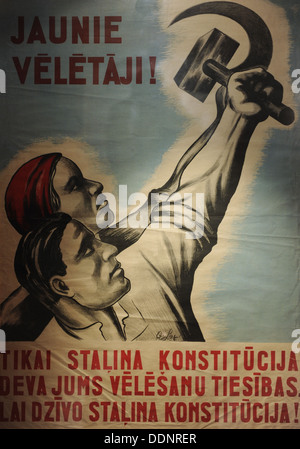 Poster:' New voters!. Long live Stalin's Constitution!'. Second Soviet Occupation 1944-1991. Occupation Museum of Latvia. Riga. Stock Photo