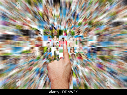 Social media network, stock photo concept,  AI training concept, hand selecting a network contact Stock Photo