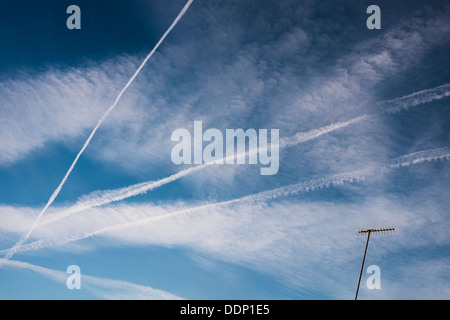 Aircraft trails and cloud formations in the skies over Worcestershire, UK. Stock Photo