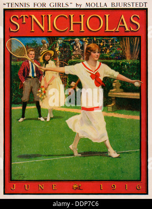 Girl tennis-player on the cover of St Nicholas Magazine, 1916. Color lithograph Stock Photo