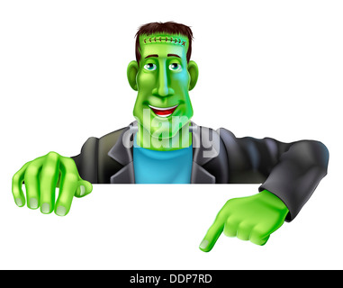 Drawing of a friendly cartoon Frankenstein man peeping over a sign and pointing Stock Photo