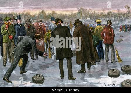 Curling match on a frozen lake in Canada, 1880s. Hand-colored woodcut of a Thulstrup illustration Stock Photo