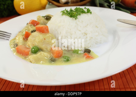 Chicken fricassee with rice, carrots, capers and parsley Stock Photo