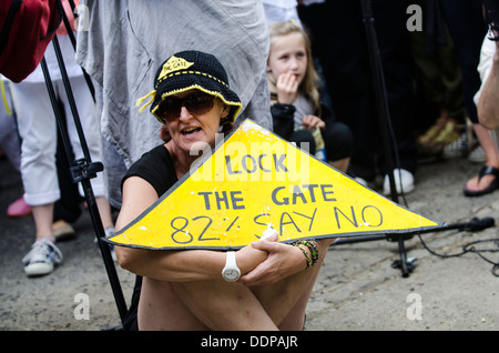 Campaigner at Belt It Out Balcombe event, West Sussex, for the anti-fracking campaign, 11th August 2013 Stock Photo