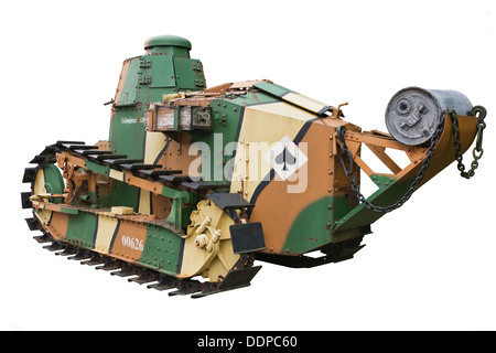 A cut out of a rear quarter view of a French, Renault FT 17 WW1 camouflaged tank Stock Photo