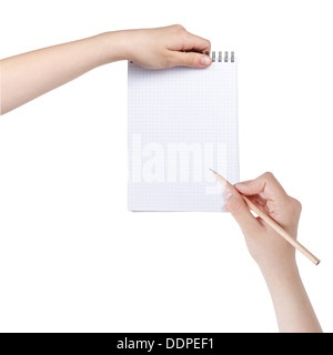 female teen hands writing something in notepad, isolated Stock Photo