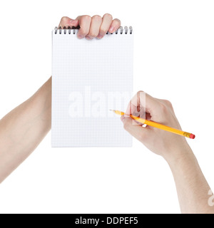 adult man hands writing something in notepad, isolated Stock Photo