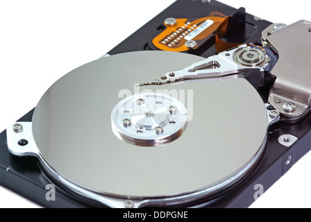 Hard disk drive opened isolated on white Stock Photo