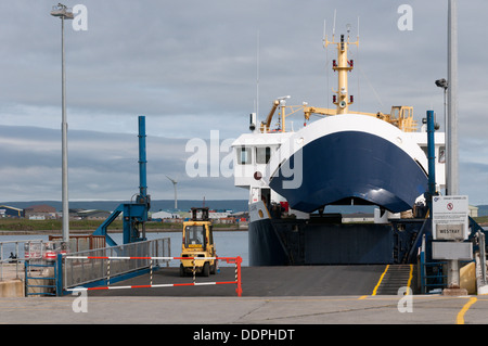 MV Earl Sigurd in Kirkwall harbour preparing to leave for Westray. Stock Photo