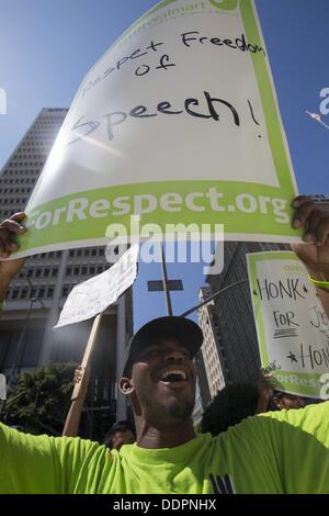 Los Angeles, USA. 5th Sep, 2013. Walmart workers and supporters take part in a nationwide day of protests on Thursday, September 5, 2013 in downtown Los Angeles to call for better jobs and higher wages. Credit:  Ringo Chiu/ZUMAPRESS.com/Alamy Live News Stock Photo