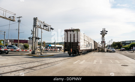 rear view of long freight train moving through & away from level crossing as cars & pedestrians wait in Edmonds Washington Stock Photo