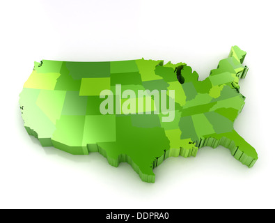 Green 3d map of usa on white background. Shadow and reflection. Stock Photo